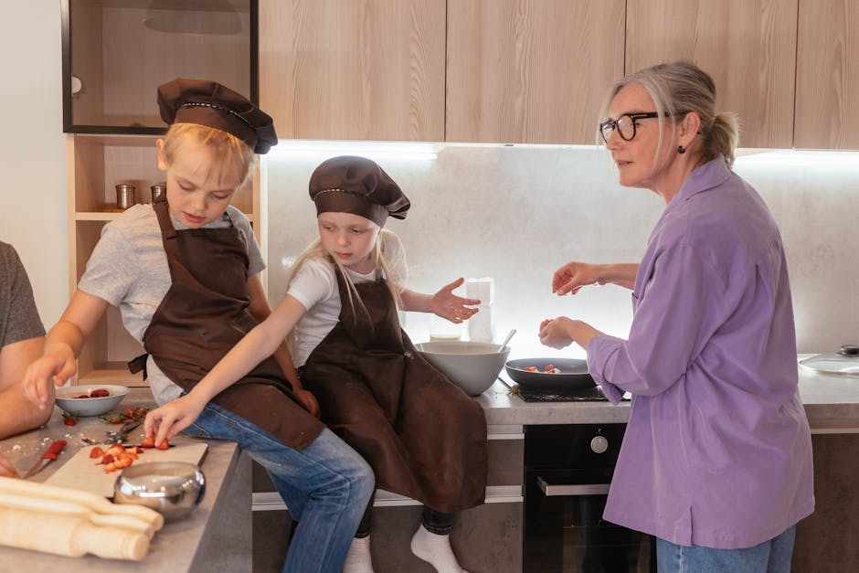 Elderly woman and children cooking together, fostering family bonding.