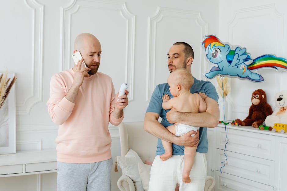 Gay couple nurturing their baby at home, with toys and decor creating a cozy family environment.