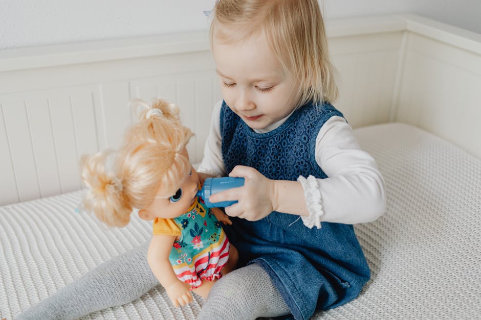 Happy child playing with a doll indoors, depicting imaginative play and joy.